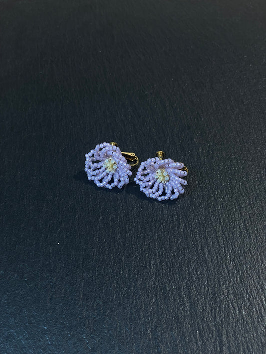 Beaded Violet Flower Clip-On Earrings