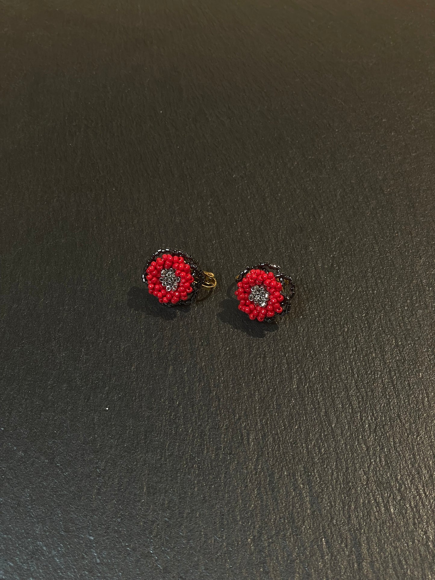 Beaded Red Flower Clip-On Earrings