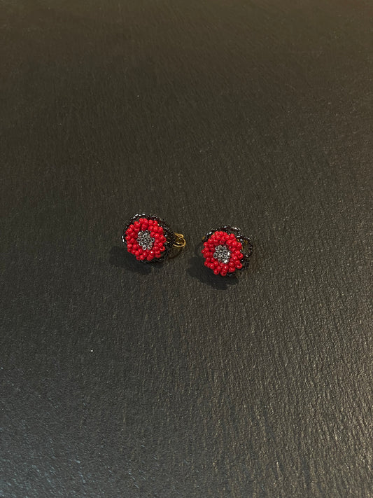 Beaded Red Flower Clip-On Earrings