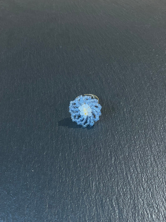 Beaded Blue Flower Ring